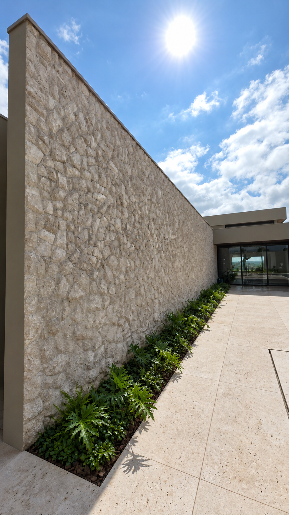 Muro revestido com Moledo Travertino; jardim e piso tratados digitalmente a partir de foto real